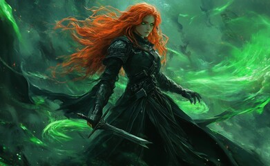 Fantasy warrior woman with red hair and green eyes in leather armor, glowing aura, and sword – dynamic Dota 2-inspired splash art