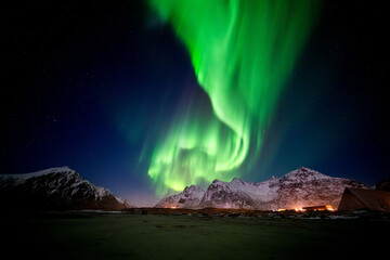 Aurora borealis is showing in clear sky over Skagsanden beach, Lofoten, Norway