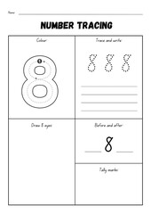 Introduce your child to the exciting world of numbers with this 8 Number Tracing Worksheet and Coloring Page! This fun and educational printable is designed for preschoolers, toddlers.