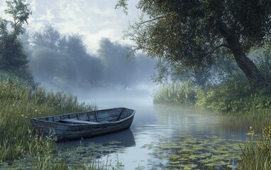 Serene early morning mist on the river with an old wooden boat, surrounded by trees and grassy banks