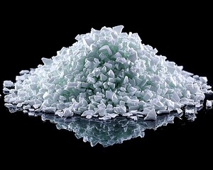 White Crushed Pieces Pile on Black Surface.