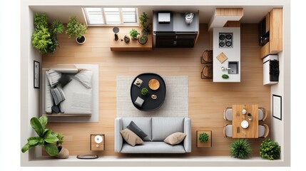 Small studio apartment floor plan with bedroom, living, and kitchen areas