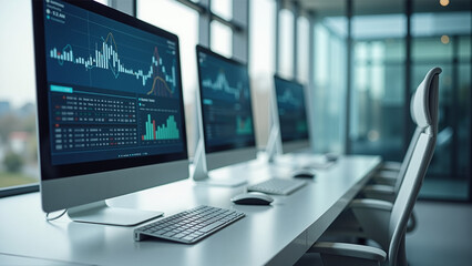 Naklejka premium Modern office workspace, sleek monitors displaying data analytics, bright natural light streaming in, ideal for business presentations