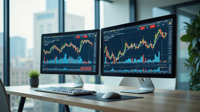 Modern workspace featuring dual monitors displaying stock market trends, sleek design, bright natural light, ideal for productivity.
