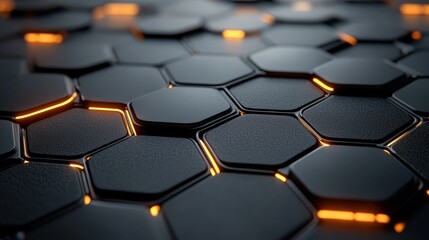 Obraz premium Futuristic Close-Up of Black Hexagonal Tiles with Glowing Orange Accents on a Seamless Surface