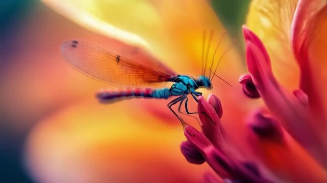 The dragonfly hovered gracefully above the water's surface, its iridescent wings shimmering in the sunlight as it darted from flower to flower, a master of agility and beauty in the natural world.