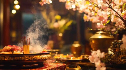 Ching Ming Festival: Traditional altar with incense and blossoms, cultural harmony