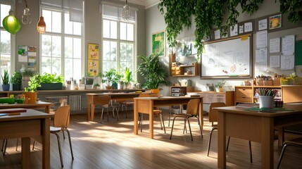 Sunny classroom interior with plants, empty desks, and whiteboard