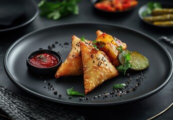 Deliciously Crisp Samosas Served with Tangy Sauce and Fresh Vegetables on a Dark Plate in an Elegant Setting for Food Photography