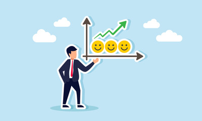 Businessman showing a rising chart from a series of happy emoticons, illustration of increasing business market attention