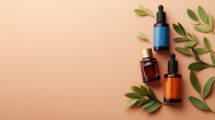 Nail polishes in bottles on color background, flat lay. Space for text