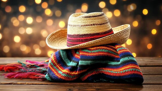 Colorful straw hat and woven scarf displayed on wooden table with blurred lights in the background