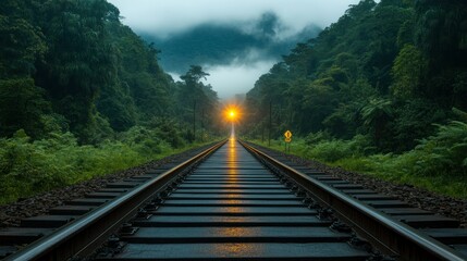 Tranquil railway track through misty rainforest