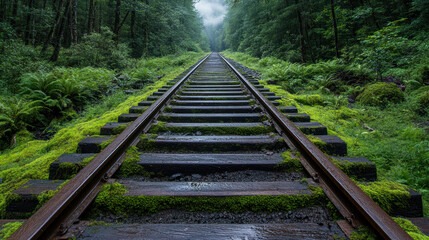 hauntingly beautiful scene of abandoned railway tracks surrounded by lush greenery