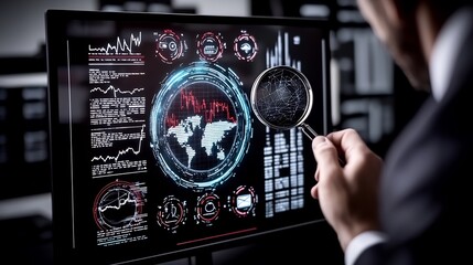 Businessman analyzing global market trends on a computer screen with magnifying glass.