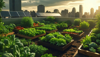 urban rooftop garden on the roof of a skyscraper where fresh vegetables and herbs are grown, the background is covered with solar panels and vertical gardens