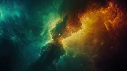 Vibrant cosmic nebula with swirling green and orange clouds in deep space, evoking mystery and power.
