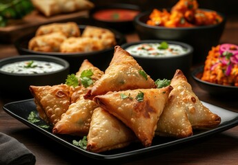 Deliciously Crispy Samosas Served on a Black Plate with Dipping Sauces and Colorful Side Dishes in a Rustic Setting