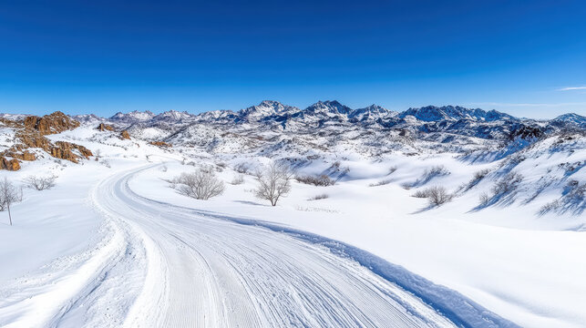 Aerial view of snow covered mountain range with winding road and clear sky