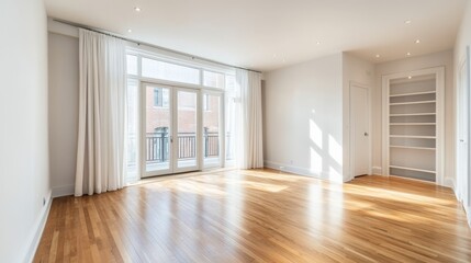 95.Empty interior of a contemporary living space with a large bright window allowing abundant natural light, airy white curtains, clean white walls, a closed door, and a seamless hardwood floor for a