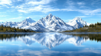 Majestic mountain range reflected in tranquil lake under clear sky