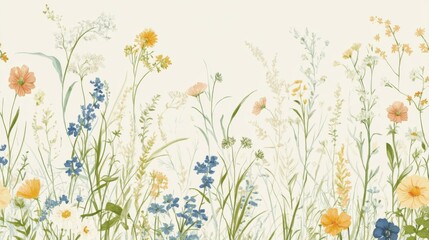 42.Romantic ditsy-style meadow pattern with hand-drawn wildflower clusters and tall green grasses, arranged on a light cream or sky-blue background, creating a fresh, summery vibe.