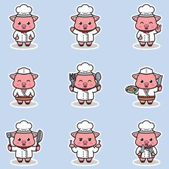 Vector Illustrations of cute Pig chef mascot cartoon character. Illustration Collection of Pig icon isolated. This is Vector Illustration.