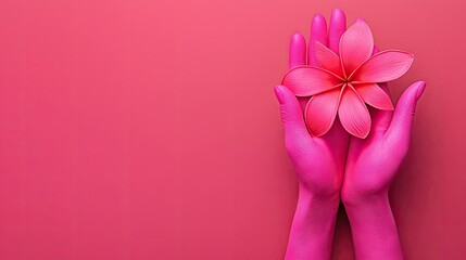 Fototapeta premium Pink hands holding flower, pink background; spa, beauty, wellness