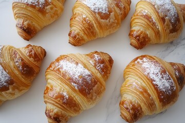 Fototapeta premium Delicious Golden Brown Croissants with Powdered Sugar