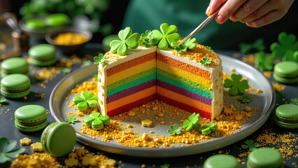 Partially sliced rainbow-layered cake garnished with green clovers and surrounded by macarons, with a hand holding a cake server against a moody dark background.