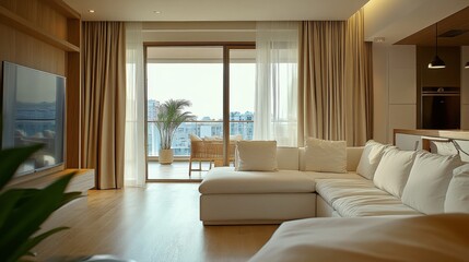 76.Cozy modern living space with a sleek white sofa positioned on a smooth wooden floor, beige curtains hanging softly by a large panoramic window, and natural light flooding the room.