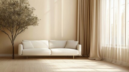 77.Minimalist Scandinavian living room design with a neutral white sofa, polished wooden flooring, and gently flowing beige curtains, creating a serene and inviting ambiance.