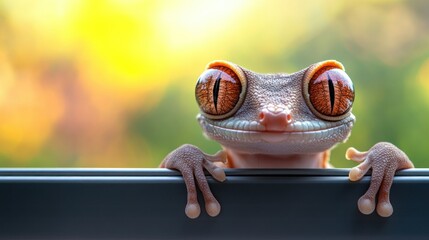 Curious gecko peering over a railing, warm sunlight, blurred bokeh background.  Use Nature, wildlife, education, advertising