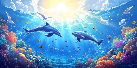 Fototapeta premium design, illustration, symbol, business, text, concept, sign, fish, underwater, sea, ocean, water, blue, shark, diving, reef, aquarium, nature, animal, coral, dolphin, marine, swimming, light, vector, 