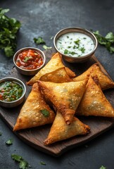 Deliciously Fried Samosas Served with Fresh Mint Chutney and Yogurt Dip on Wooden Platter Against a Dark Background