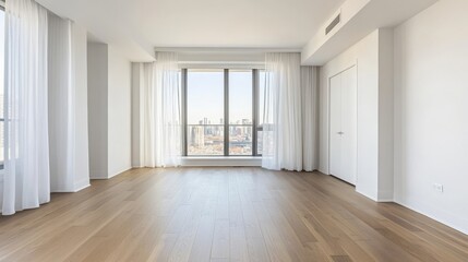 92.Bright and spacious empty living room with a large floor-to-ceiling window framed by soft, flowing white curtains, a closed modern door with clean lines, white walls, and a polished hardwood floor