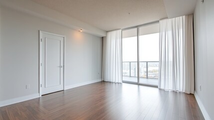 92.Bright and spacious empty living room with a large floor-to-ceiling window framed by soft, flowing white curtains, a closed modern door with clean lines, white walls, and a polished hardwood floor
