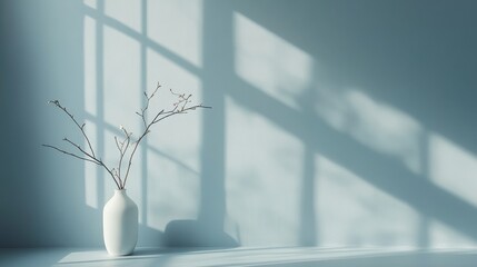 112.Bright and tranquil empty room with a smooth blue-painted wall, a minimalist vase holding a thin branch for a touch of nature, and a window allowing soft, diffused light to fill the space.