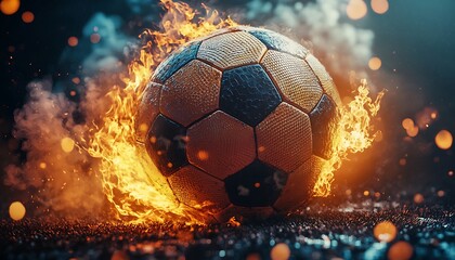 Fototapeta premium A soccer ball is engulfed by flames and appears energized
