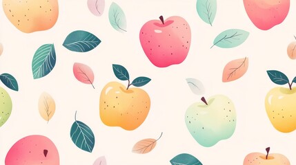 23.Cute vector illustration of bright apples paired with dainty leaf designs in subtle pastel colors, creating a light and cozy seamless print for children's textiles.
