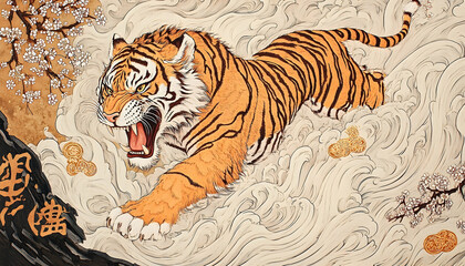 Obraz premium A fierce tiger leaping through swirling waves, surrounded by cherry blossoms and golden accents