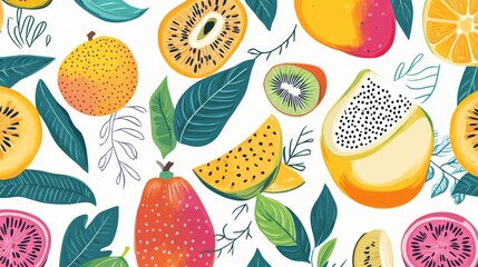 33.Colorful vector repeat design showcasing juicy tropical fruits like mangoes, kiwis, and dragon fruits with bold outlines, arranged with whimsical leafy embellishments in a playful, modern style.