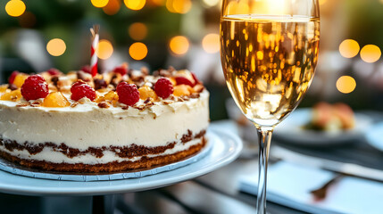 A white cake topped with fruit and a glass of sparkling wine sit in front of bokeh light