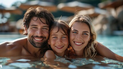 Obraz premium Happy Family Summer Vacation Pool Fun Joyful Parents Child Smiling Together Water Relaxation Tropical Resort Luxury Travel Beautiful People Enjoying 