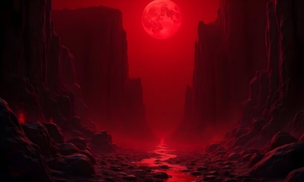 Tartarus, the Deepest Pit of the Underworld, Filled with Fiery Chains and Shadows Against a Dark Red Background