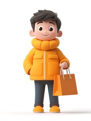 Shopping adventure young boy with orange bag digital art studio cheerful