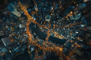 Bird's-eye view of Tokyo at night showcasing high-resolution urban brilliance and nocturnal activity.