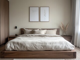 A well appointed bedroom with modern platform bed and art