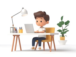 Fototapeta premium Child working at desk home office 3d illustration bright environment