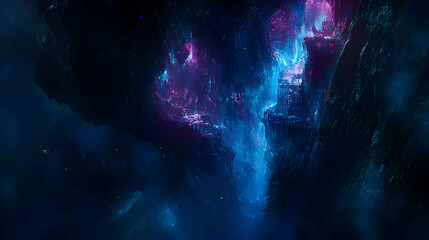 A cosmic nebula features vivid blues and purples